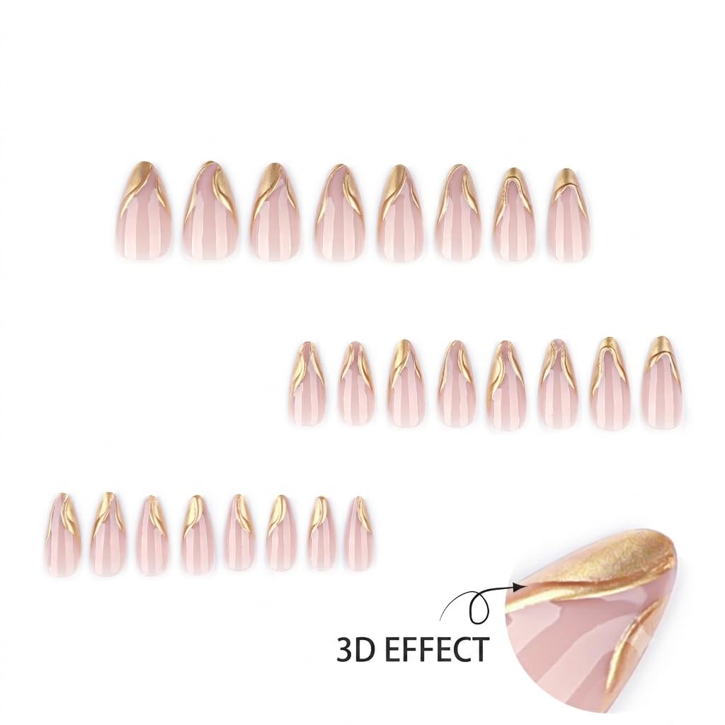 Minimal Luxury Gold Wave Press On Nails Medium Almond, PUNSOKO Nude Pink Fake Nails with 3D Gold Chrome French Tips, Long Lasting Reusable 24 PCS Acrylic Nails Kit for Women Daily Wear