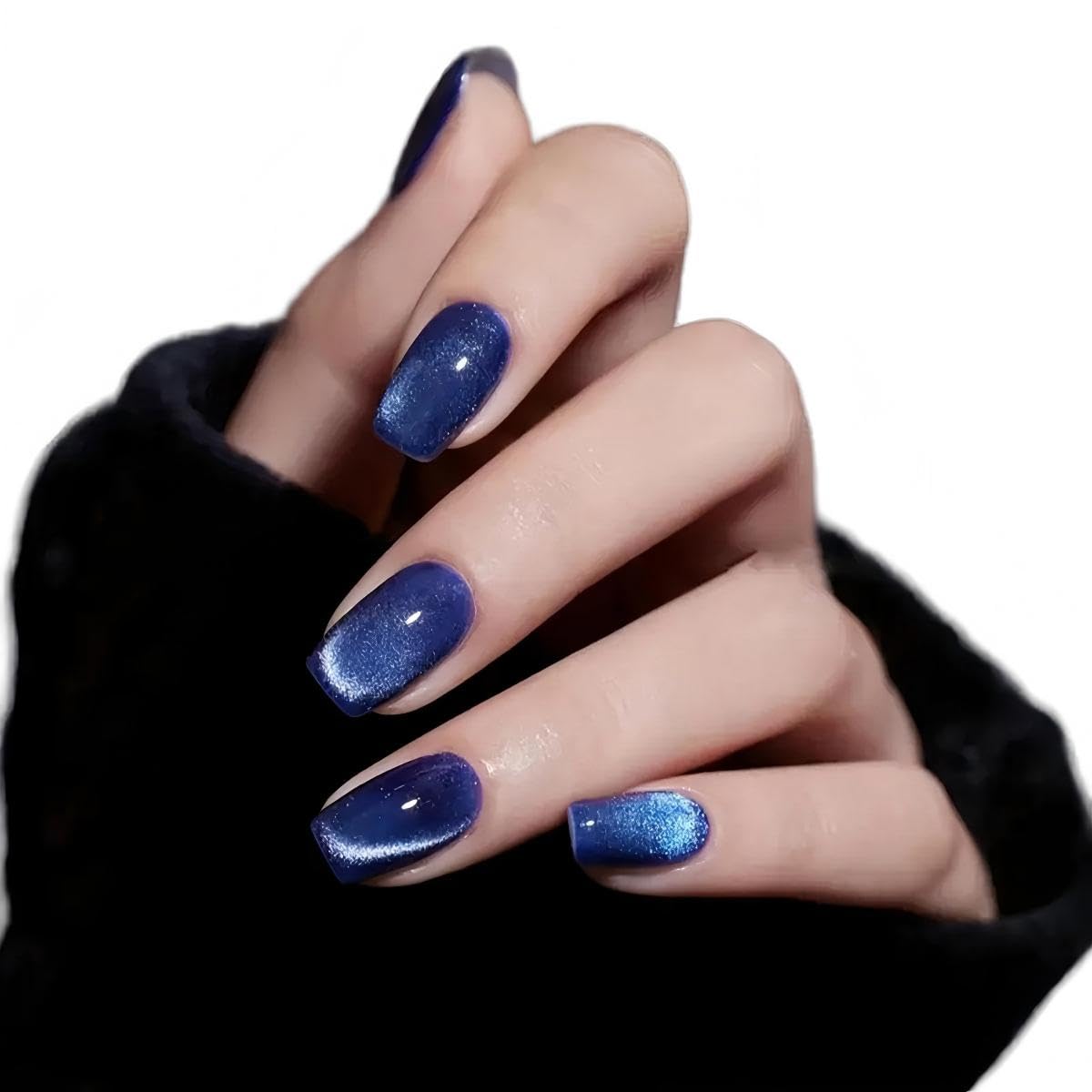 Glossy Nude Gold French Tip Press On Nails Short Almond, 30 PCS