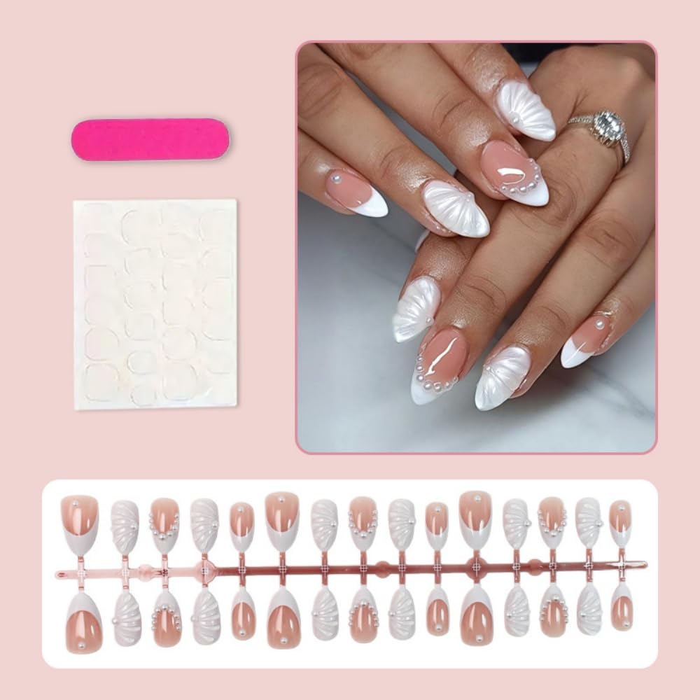 30Pcs Bridal White Press On Nails Almond Medium, French Tip Nails Press Ons, Nude Pink Fake Nails With 3D Shell Pearl Designs, Elegant Wedding Glue On Nails For Women Nail Art, Reusable Acrylic