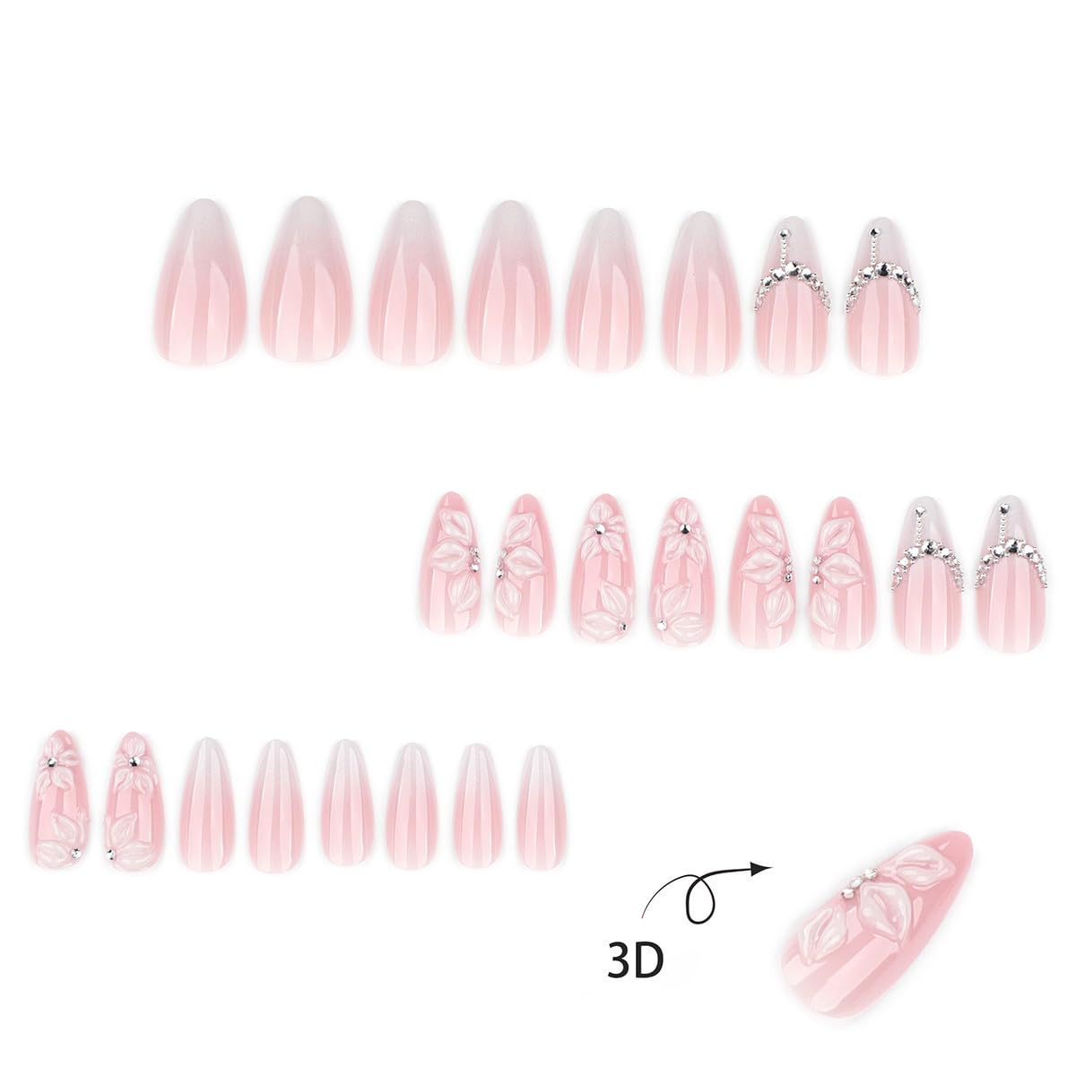 24Pcs White French Tip Press on Nails Medium Almond Fake Nails with Silver Rhinestones with Nude Pink Full Cover Glue on Nails French Designs 3D Flower False Nails Cute Spring Stick on Nails for Women