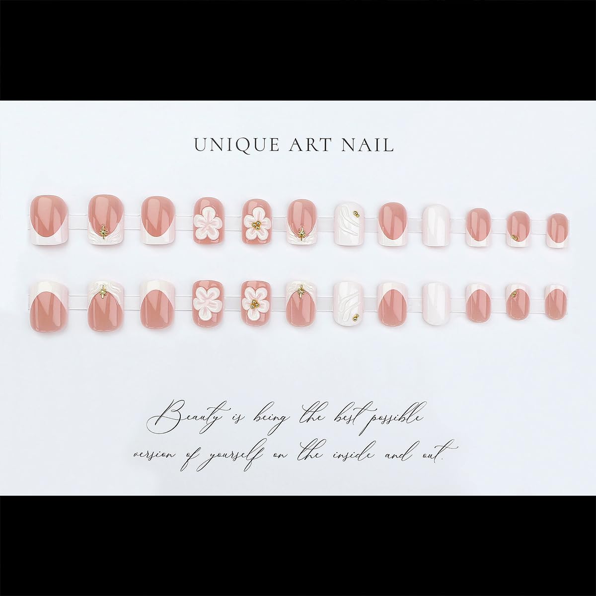 24Pcs White Flower Press on Nails Gold Bead Star French Tip Fake Nails