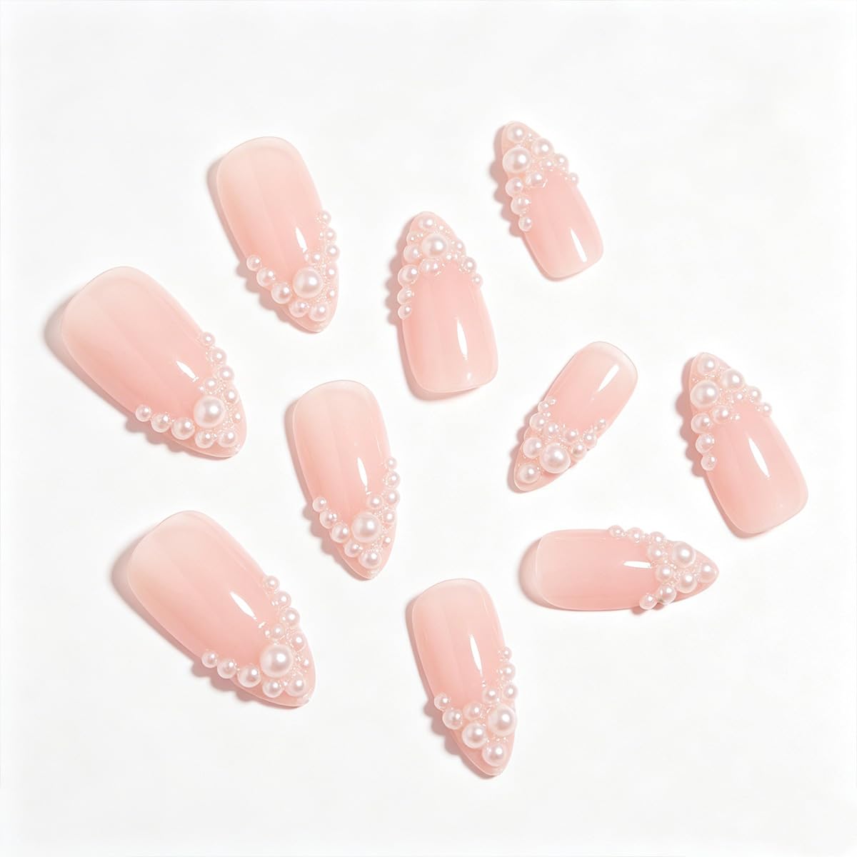 French Tip Press on Nails Medium Almond Fake Nails White Pearl False Nail Tips Summer Wedding Acrylic Nails Glossy Beach Glue on Nails Reusable Cute Stick on Nails for Women Manicure