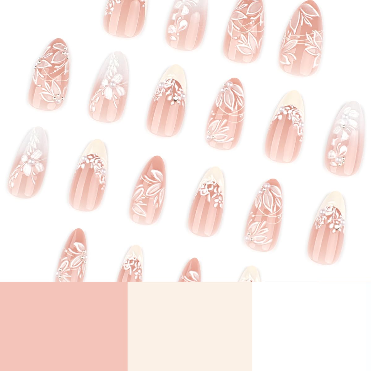 Medium Almomnd Press on Nails - Elegant White Floral Bridal Fake Nails
