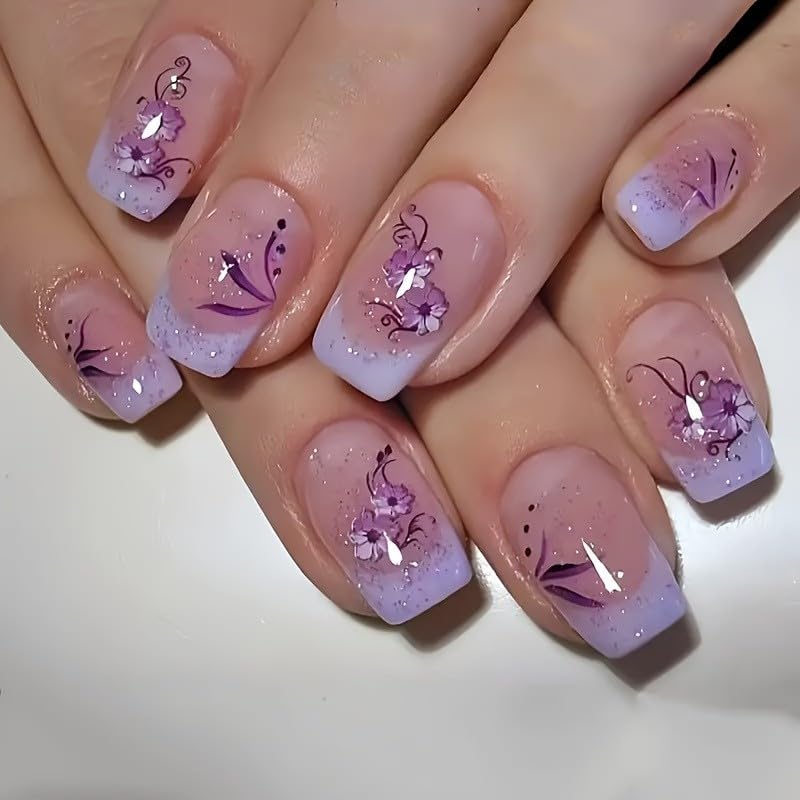 Cat Eye Press On Nails Short Square 3D Floral Pearl Wedding Nails 24PCS