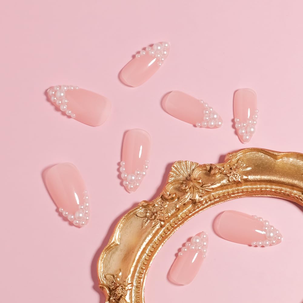 French Tip Press on Nails Medium Almond Fake Nails White Pearl False Nail Tips Summer Wedding Acrylic Nails Glossy Beach Glue on Nails Reusable Cute Stick on Nails for Women Manicure
