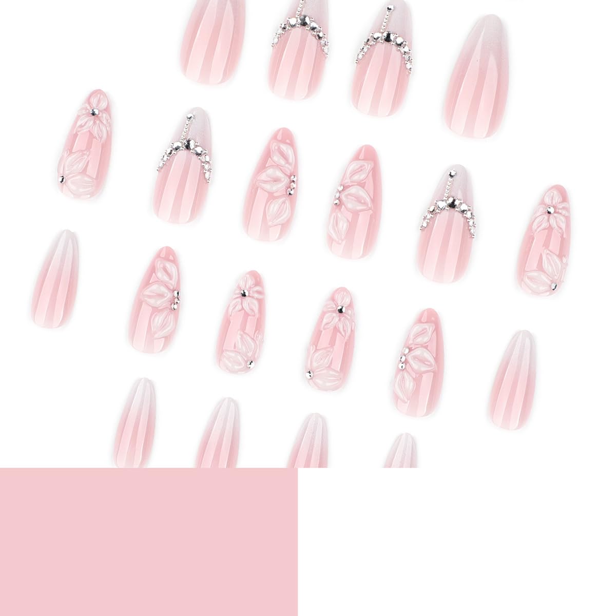 24Pcs White French Tip Press on Nails Medium Almond Fake Nails with Silver Rhinestones with Nude Pink Full Cover Glue on Nails French Designs 3D Flower False Nails Cute Spring Stick on Nails for Women