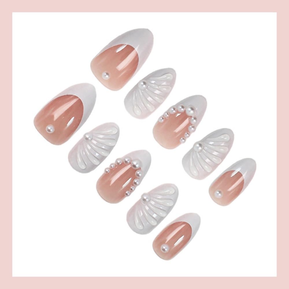 30Pcs Bridal White Press On Nails Almond Medium, French Tip Nails Press Ons, Nude Pink Fake Nails With 3D Shell Pearl Designs, Elegant Wedding Glue On Nails For Women Nail Art, Reusable Acrylic