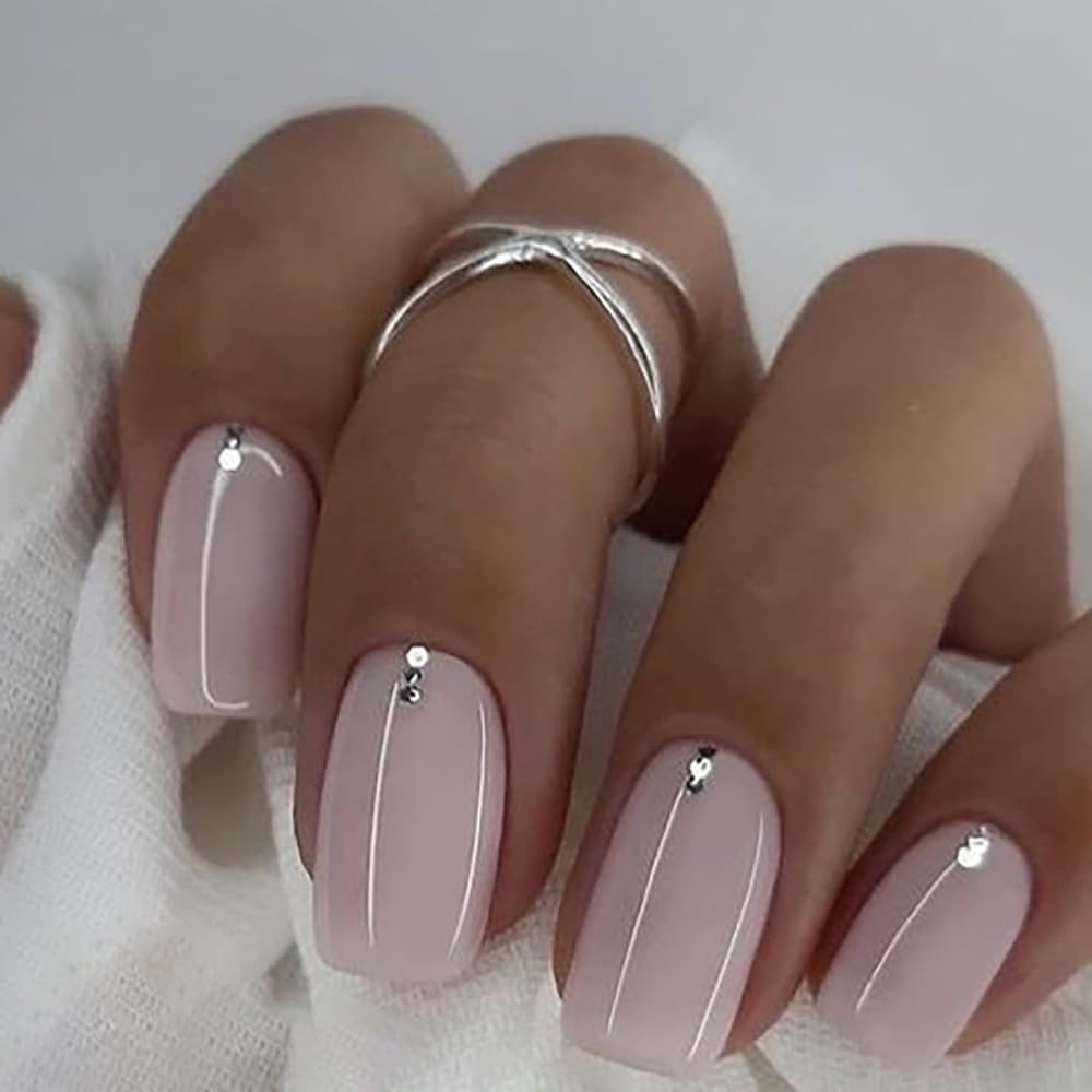 Medium Square Press On Gold Foil False Nails - French Tip, White Tip, Glitter Acrylic - 24 Pcs