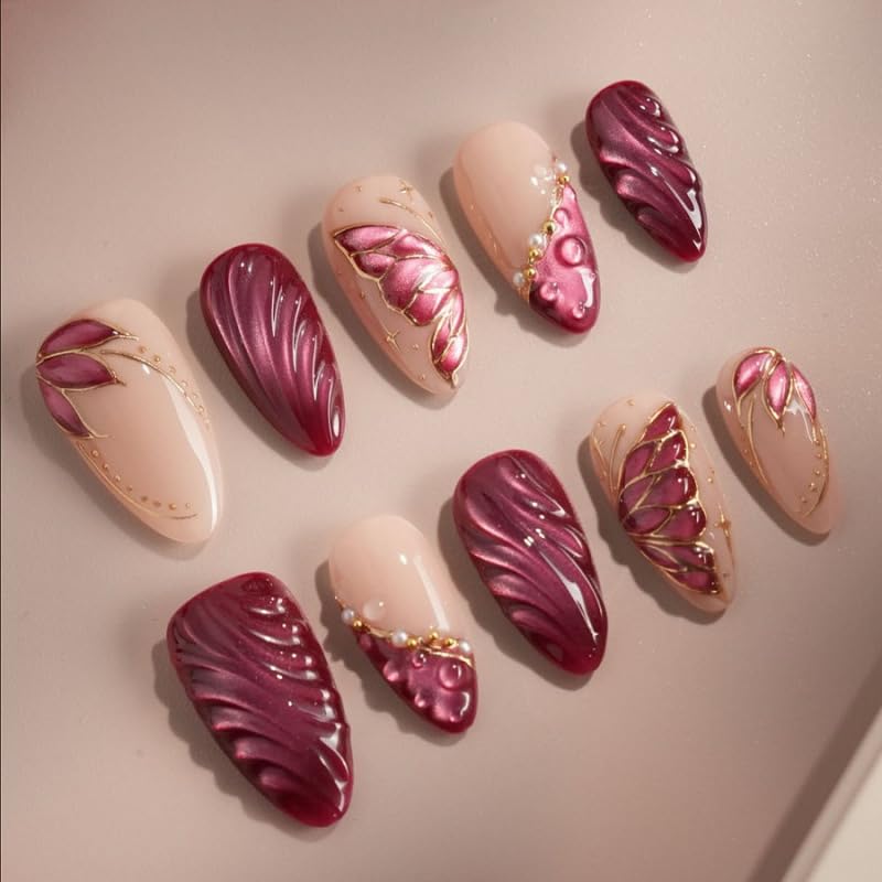 White Flower Press on Nails French Tip Fake Nails Medium Almond False Nails Glossy Artificial Stick on Nails Full Cover Acrylic Nails for Women Manicure 24Pcs