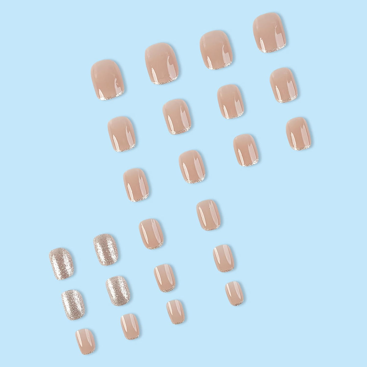 French Tip Press on Nails Glitter Petite Short Square Fake Nails Pink Nude Glossy Design Sparkly False Nails Glue on Nails with Full Cover Acrylic Stick for Women Girls Nail Decorations 24Pcs