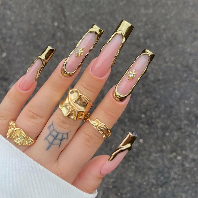 BABALAL Long Square Press on Nails - Blue Fake Nails, Luxury 3D Butterfly Gold Heart Charm Bling Design Full Cover Acrylic Nails Squoval Set 24Pcs