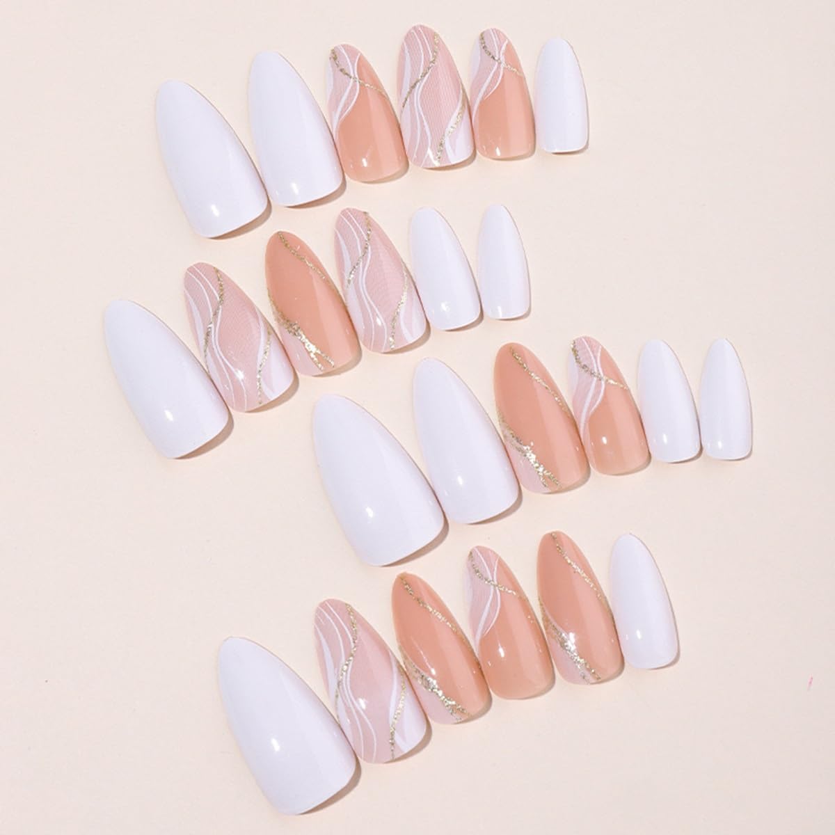 Almond Press on Nails Medium - Fall Fake Nails with Gold Line Design - White Full Cover Stick on False Nails - for Women 24 Pcs