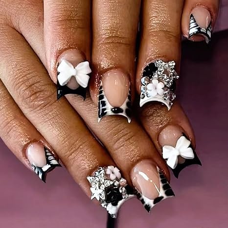Short Square Press on Nails French Tip | Acrylic White Flower False Nails with Gold Rhinestones Design, Glossy Press Ons Stick on Glue on Nails for Women 24Pcs