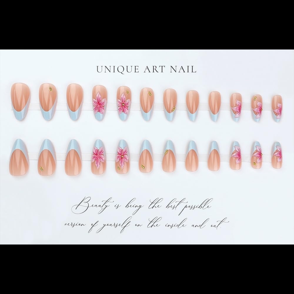 3D Handmade Pink Flower Press on Nails Blue French Tip Almond Fake Nails with Gold Metal Charms Luxury Reusable Full Cover Pink Acrylic Nails Press on for Women 24Pcs