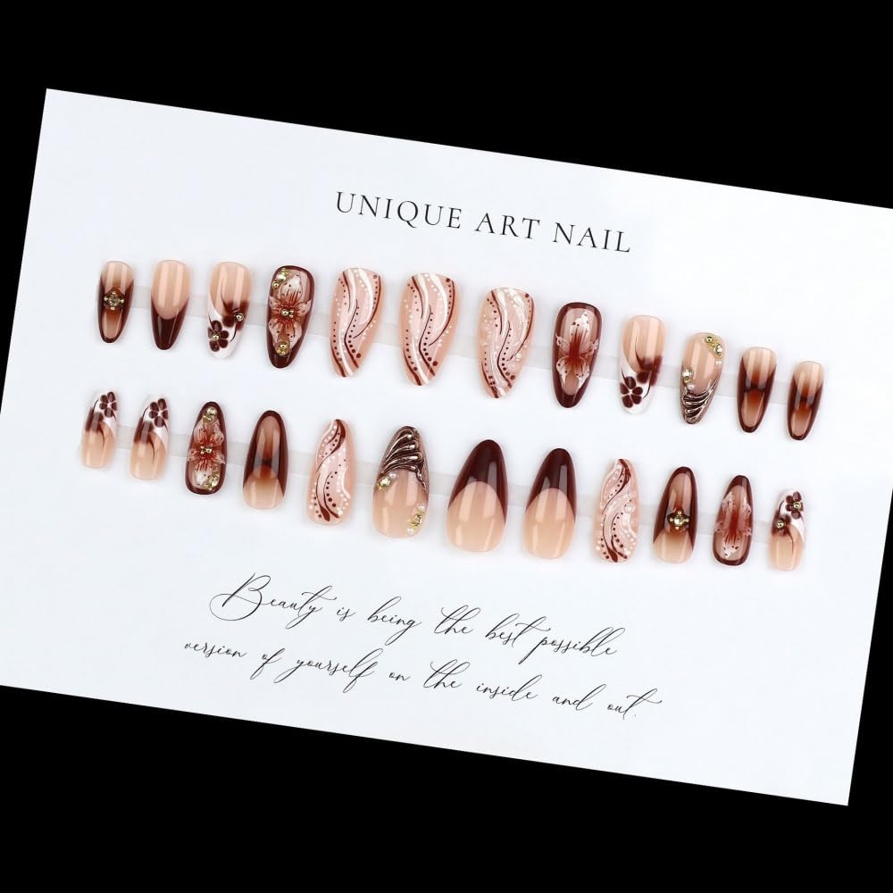 French Tips Press on Nails Medium Almond Nails Press on with 5D Flower Charm Design Glossy Brown Glue on Nails Water Ripple Rhinestones Fake Nail Reusable Fall Winter Nail for Women Manicure 24Pcs