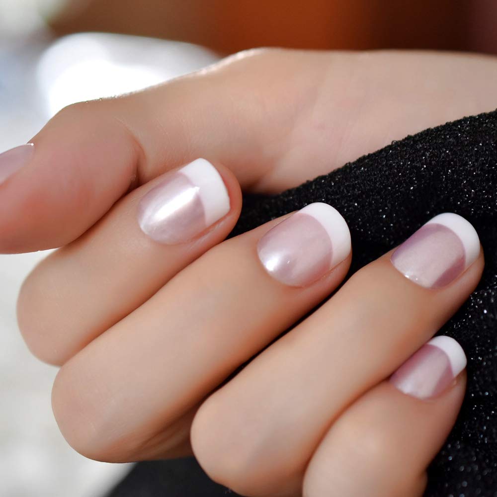 EchiQ Press On Nails Pearl Shine Pink French Nail White Round Fake Nails Short Glossy Satin Artificial Lady Fingernails with Adhesive Tabs