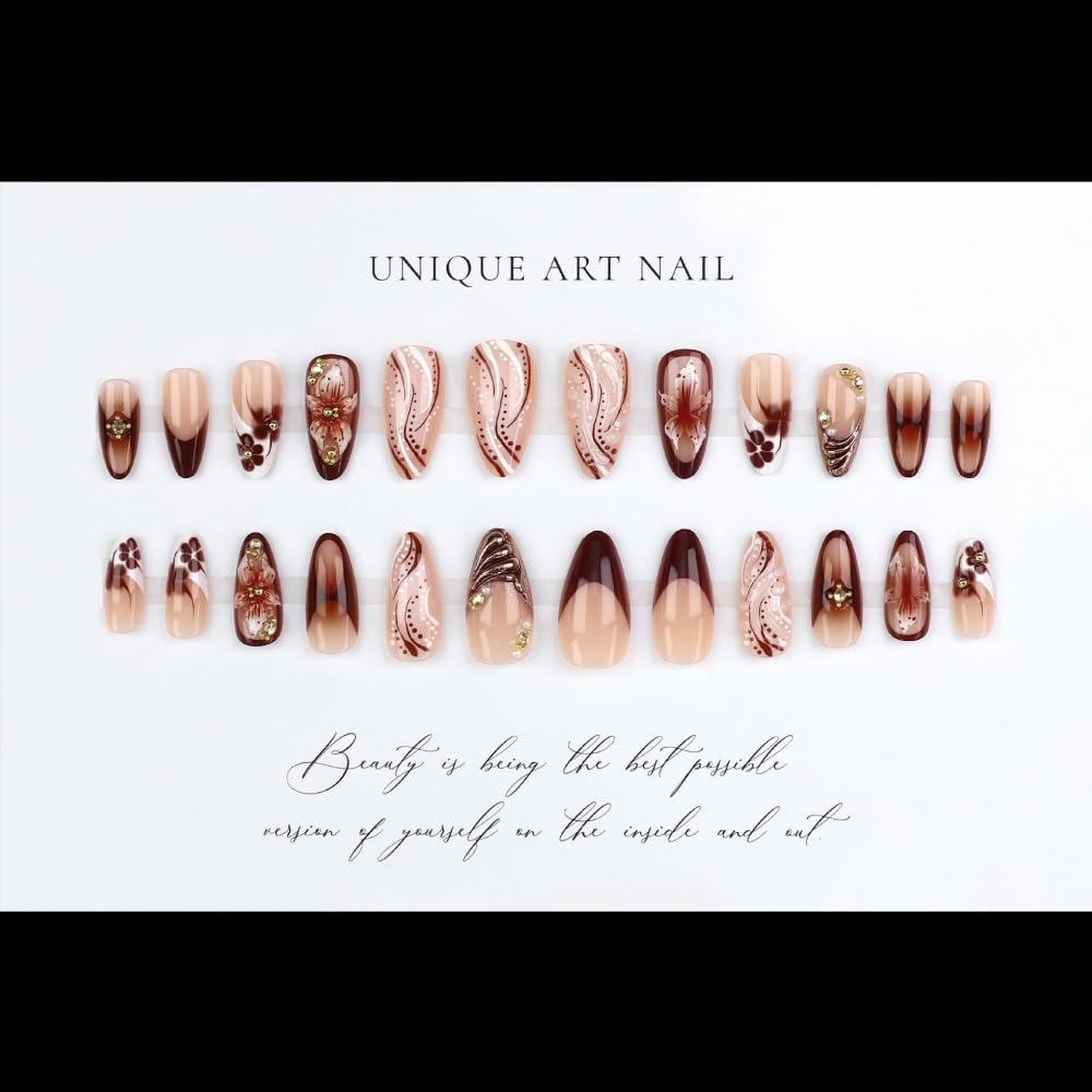 French Tips Press on Nails Medium Almond Nails Press on with 5D Flower Charm Design Glossy Brown Glue on Nails Water Ripple Rhinestones Fake Nail Reusable Fall Winter Nail for Women Manicure 24Pcs