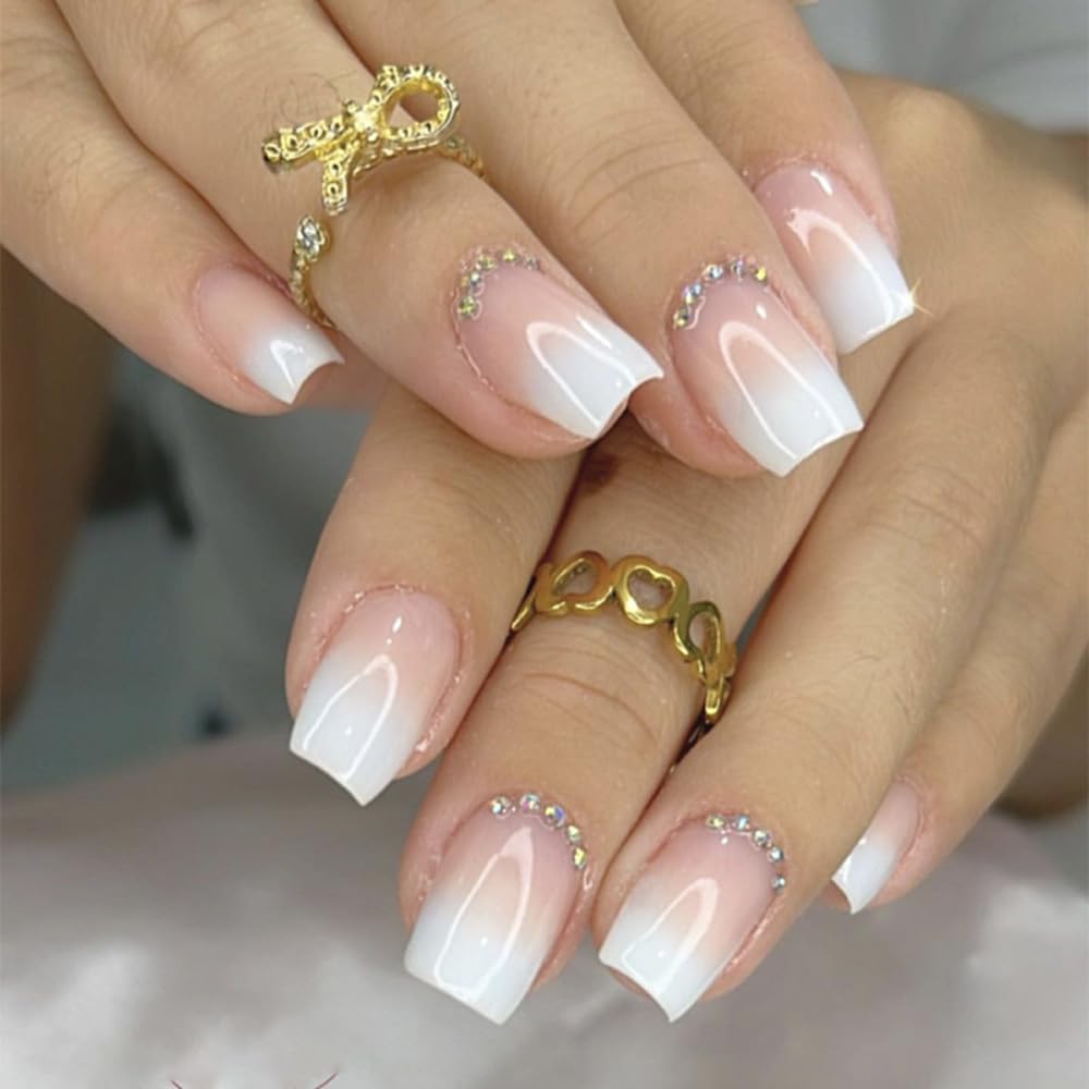 Wedding French Tip Press on Nails White Square Short Ombre Glue on Nails