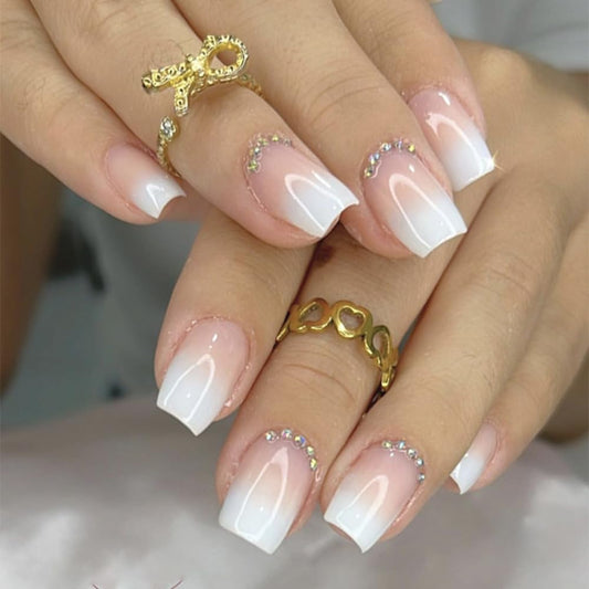 Wedding French Tip Press on Nails White Square Short Ombre Glue on Nails
