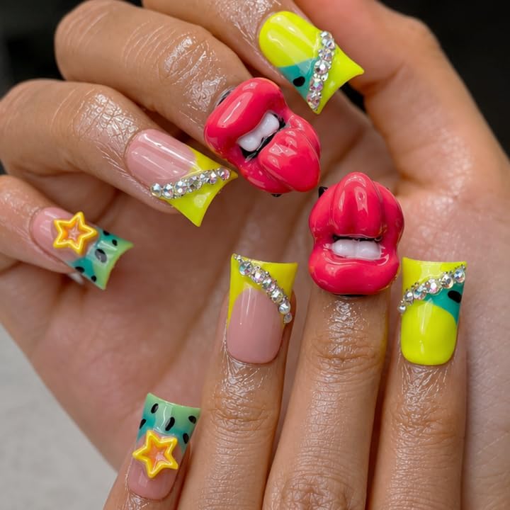 10 Pieces Luxury Acrylic Press On Nails Short Handmade Duck Nails, Pink Thickened False Nails, Rhinestone And 3D Red Lips, Reusable Fake Nails, Acrylic Nails (L)