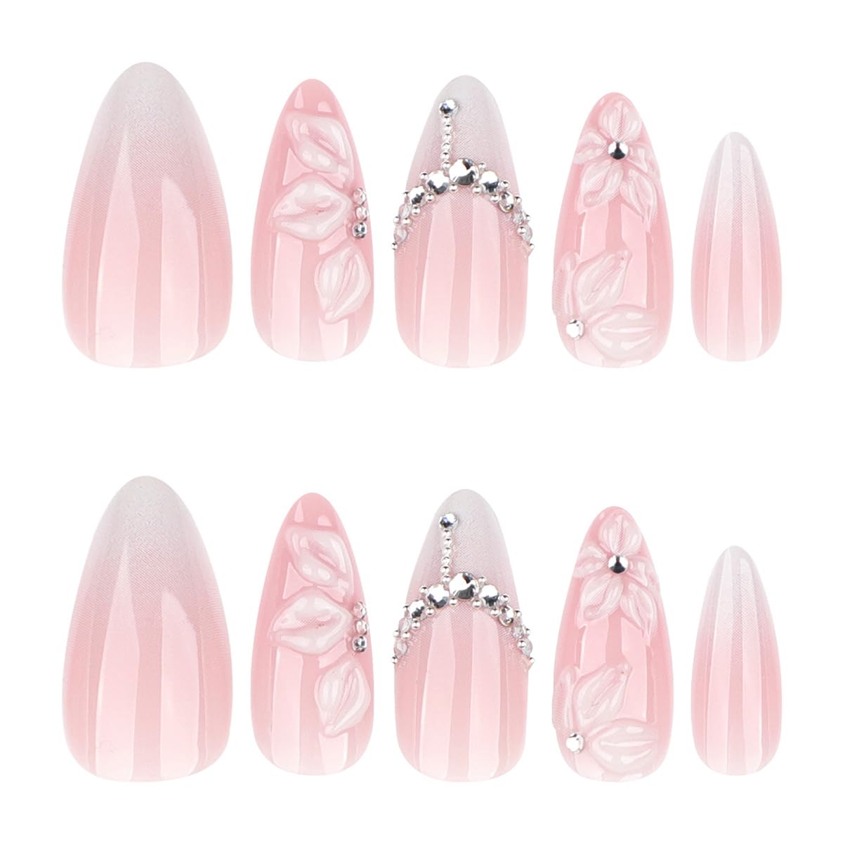 24Pcs White French Tip Press on Nails Medium Almond Fake Nails with Silver Rhinestones with Nude Pink Full Cover Glue on Nails French Designs 3D Flower False Nails Cute Spring Stick on Nails for Women