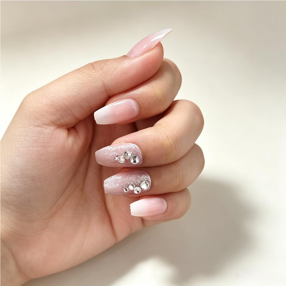 24Pcs Pink to White Ombre Press on Nails – Medium Square Glossy Fake Nails with 3D Crystal Glitter Accents – Reusable Full Set for Wedding