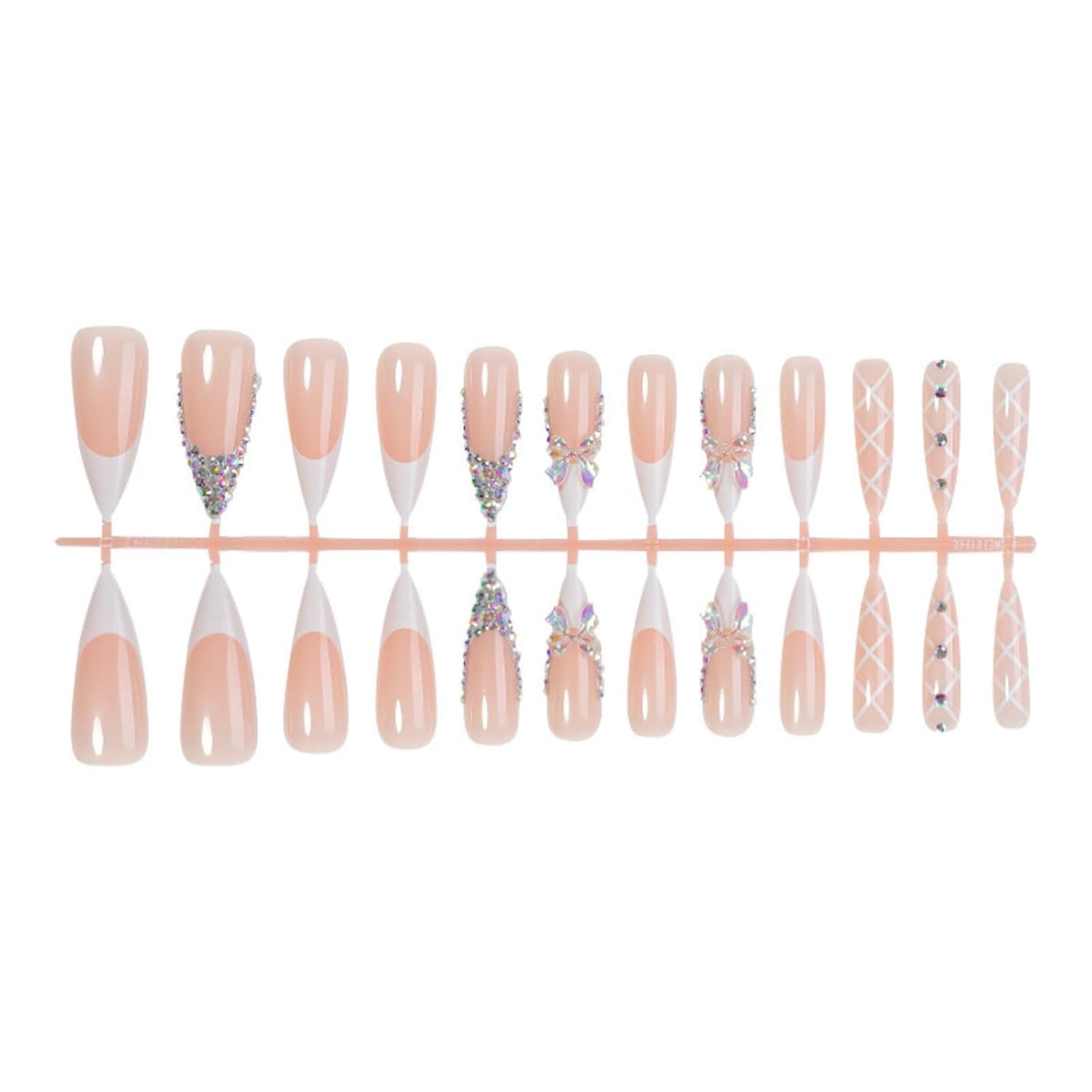 Rhinestone Press on Nails White French Tip Fake Nails with 3D Bow Design Glossy Full Cover Stick on Nail Sparkly Luxury Long Stiletto Nail Press ons for Women, 24Pcs