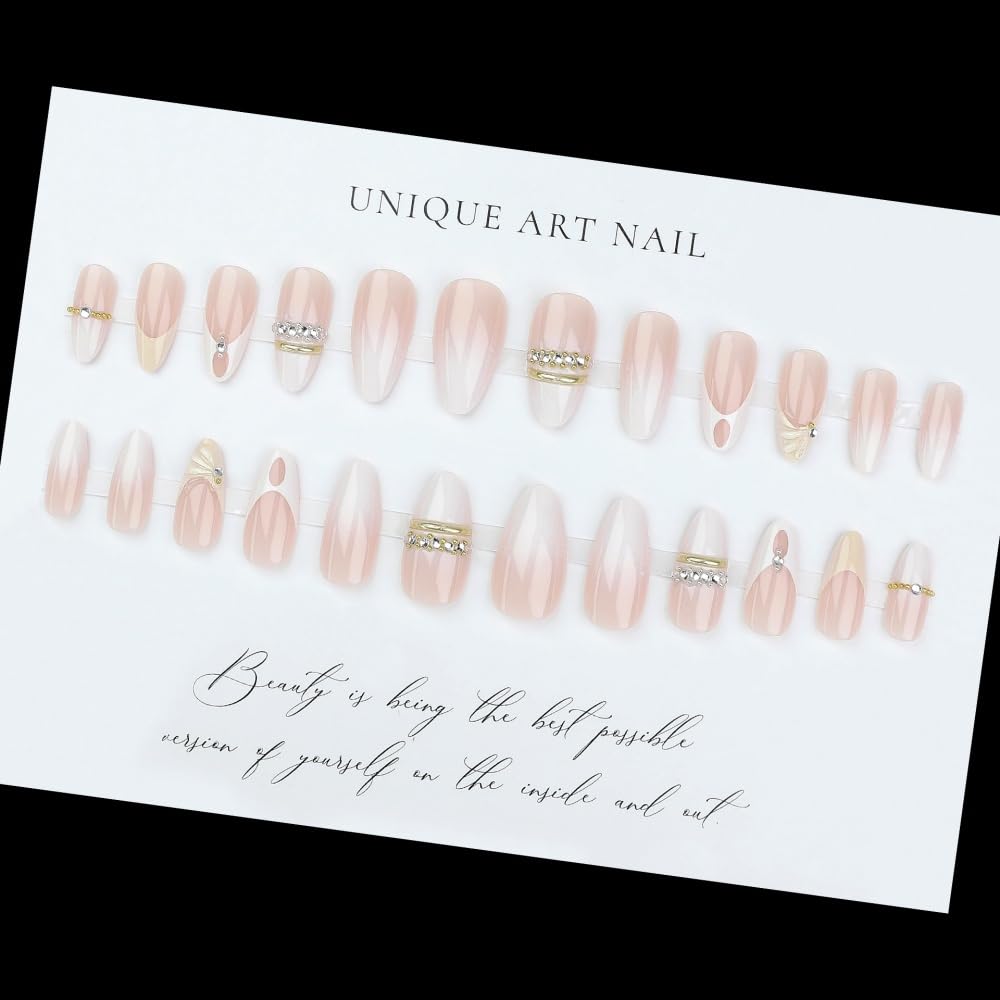 Medium Almond Pink 3D Twist French Tips Rhinestone Press On Nails