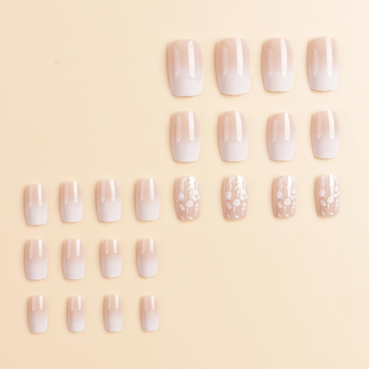 White Gradient Press-On Nails Short Square False Nails with Flower and Leaf Design Glossy Nude Gradient Nail Art Stickers for Women Girls DIY Nail Art Decoration 24 Pieces