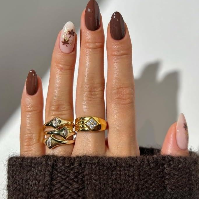 Press On Nails Almond Fake Nails French Tip False Nails Press ons Medium Glue on Nails with Chrome Design for Women Stick on Nail 24Pcs