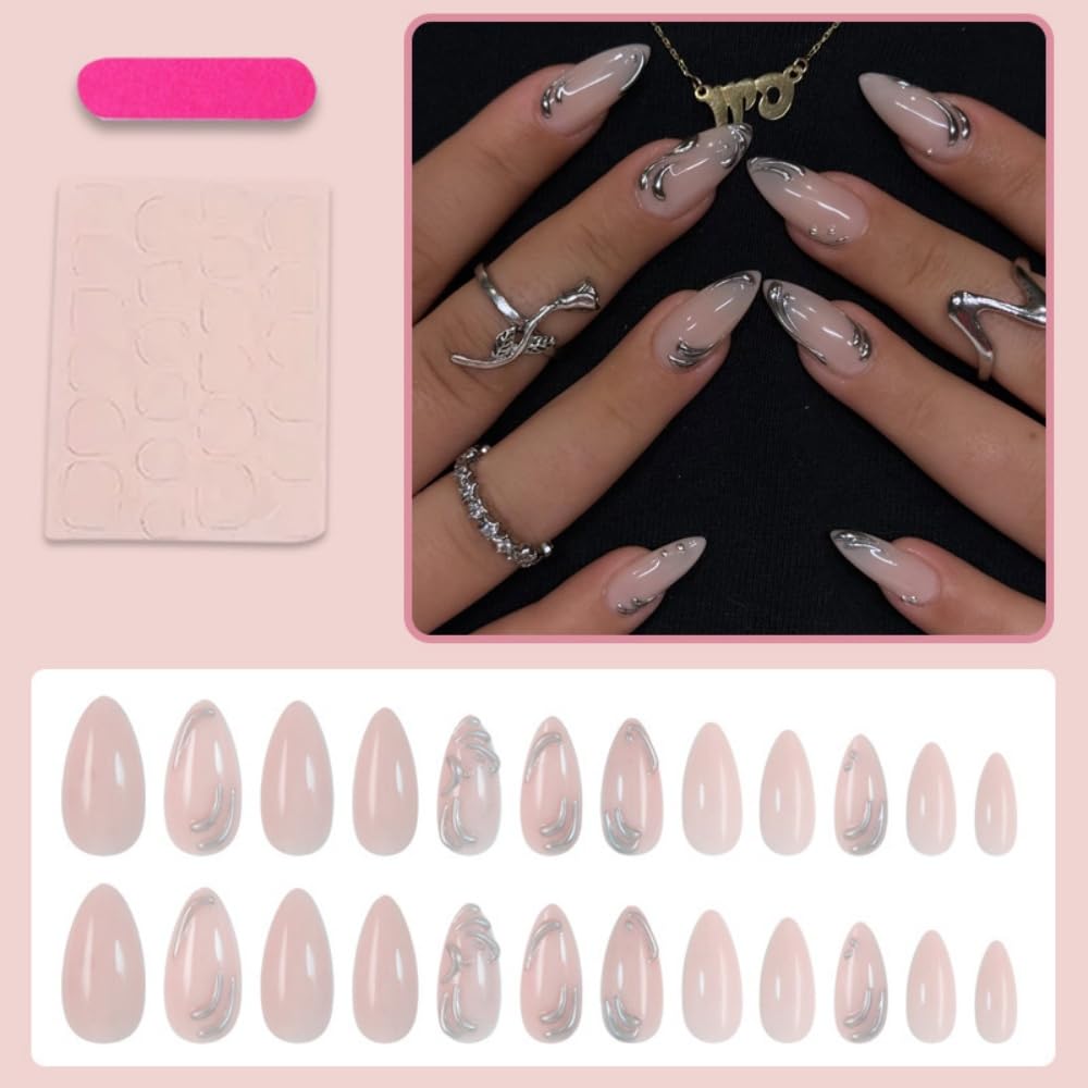 Almond Press on Nails Medium Fake Nails with 5D Metal Lines Charm Design Glossy Pink Nails Press on Curve Glue on Nails Reusable Luxury Silver Beads Acrylic Nail for Women 24Pcs