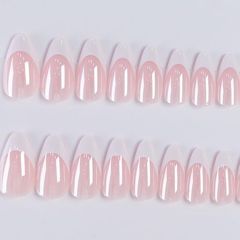 Press On Nails Almond Fake Nails French Tip False Nails Press ons Medium Glue on Nails with Chrome Design for Women Stick on Nail 24Pcs