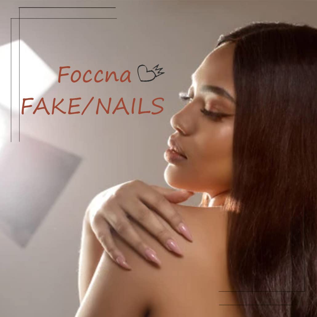 Foccna Press on Nails Almond Fake Nails with Gold Line Design Glue on Nails Acrylic Nails Glossy Full Cover Stick on Nails for Women 24Pcs