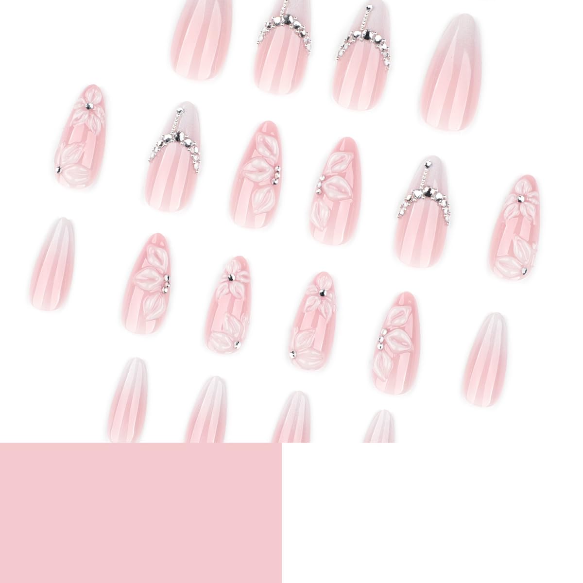 Medium Almond Press on Nails - White French Tip with 3D Flower Rhinestones