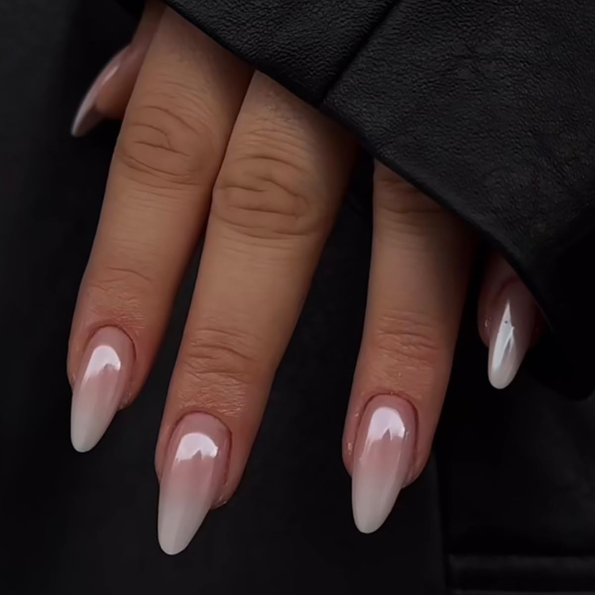 Almond Press on Nails Medium - Fall Fake Nails with Gold Line Design - White Full Cover Stick on False Nails - for Women 24 Pcs