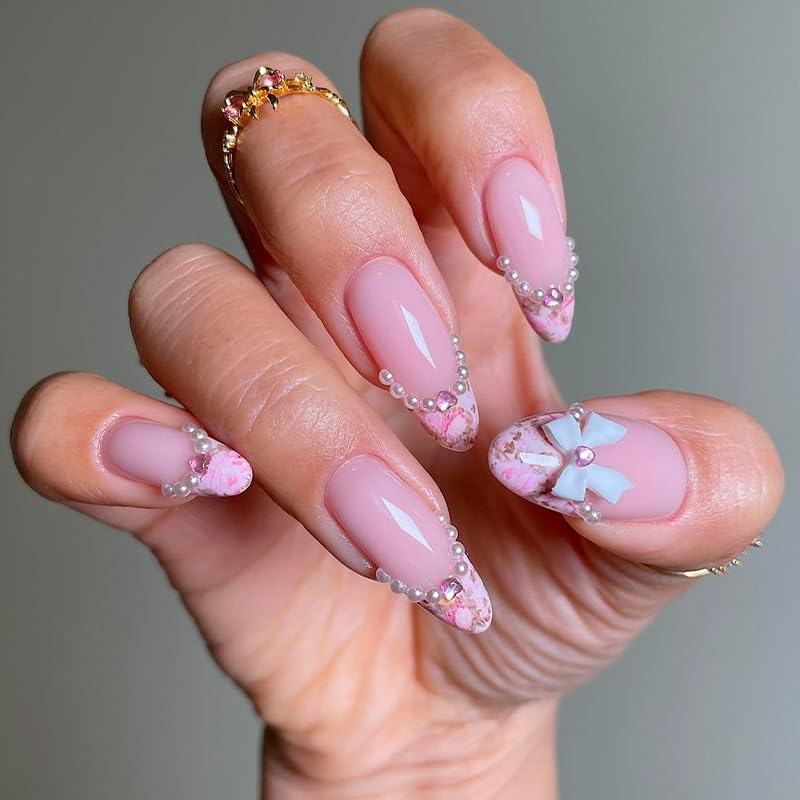 Almond Press on Nails Medium - Fall Fake Nails with Gold Line Design - White Full Cover Stick on False Nails - for Women 24 Pcs