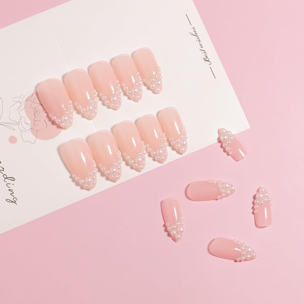 French Tip Press on Nails Medium Almond Fake Nails White Pearl False Nail Tips Summer Wedding Acrylic Nails Glossy Beach Glue on Nails Reusable Cute Stick on Nails for Women Manicure