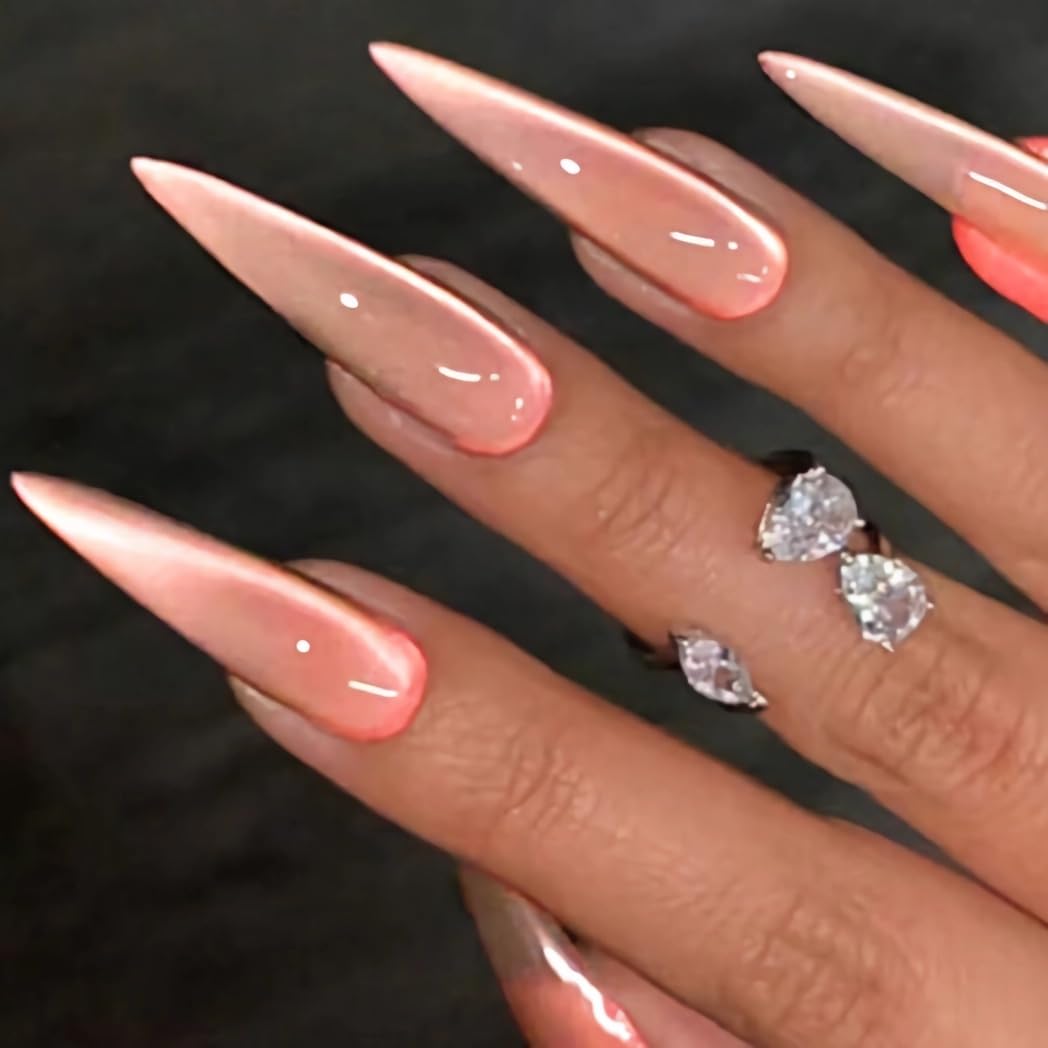 BABALAL Long Stiletto Press on Nails Metallic Gold Chrome Fake Nails