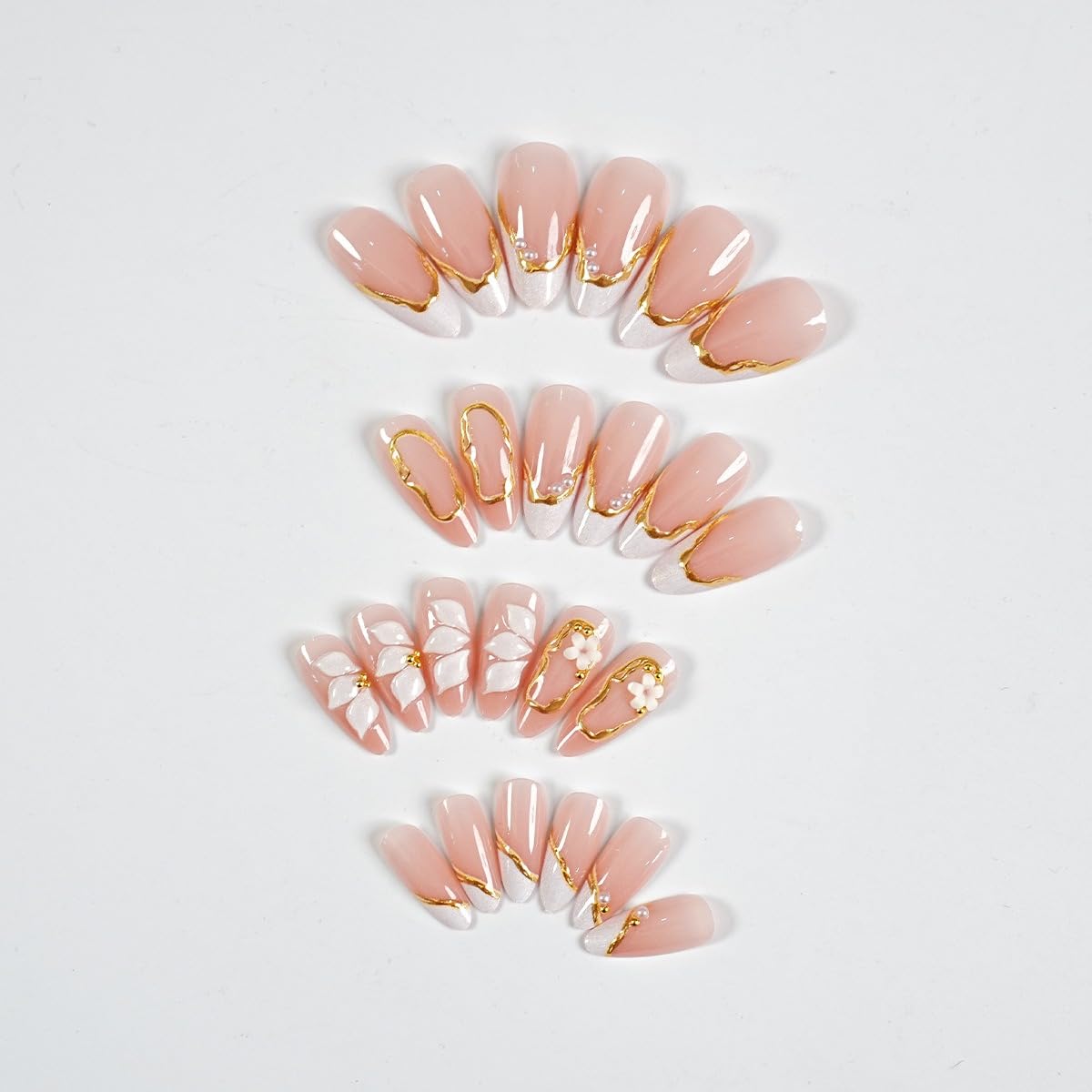 Almond Press on Nails Medium, Handmade White French Tip 3D Nude Fake Nails with Pearl Flower Leaf, Reusable Acrylic Stick On Nails for Women Wedding Bridal Party 24Pcs