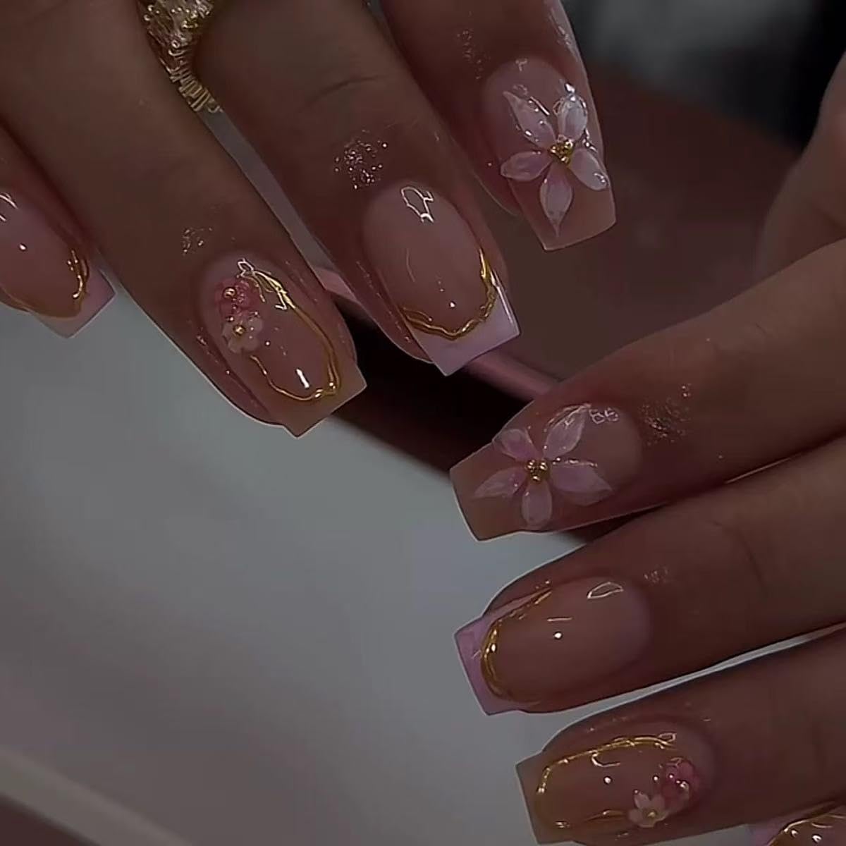 Short Square Press on Nails French Tip | Acrylic White Flower False Nails with Gold Rhinestones Design, Glossy Press Ons Stick on Glue on Nails for Women 24Pcs