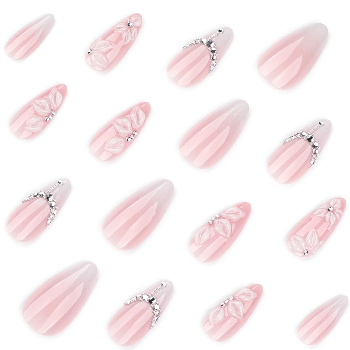 Medium Almond Press on Nails - White French Tip with 3D Flower Rhinestones