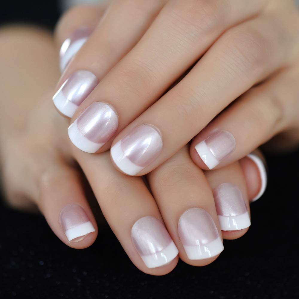 EchiQ Press On Nails Pearl Shine Pink French Nail White Round Fake Nails Short Glossy Satin Artificial Lady Fingernails with Adhesive Tabs