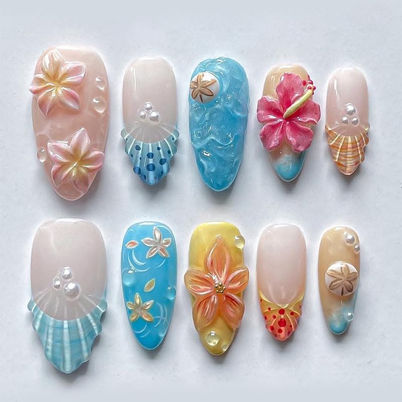 Green Press on Nails Medium Almond Fake Nails with 3D Pearl Rhinestones Designs Gold French Tips Flower Acrylic Nails False Nails White Floral Full Cover Glossy Stick on Nails for Women 24Pcs