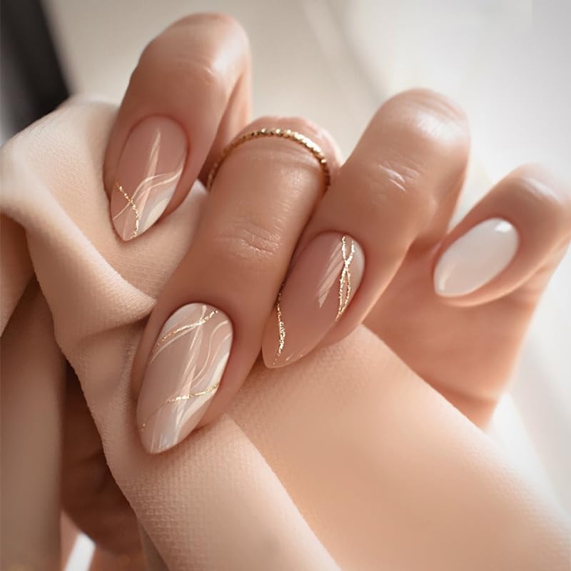 Almond Press on Nails Medium - Fall Fake Nails with Gold Line Design - White Full Cover Stick on False Nails - for Women 24 Pcs