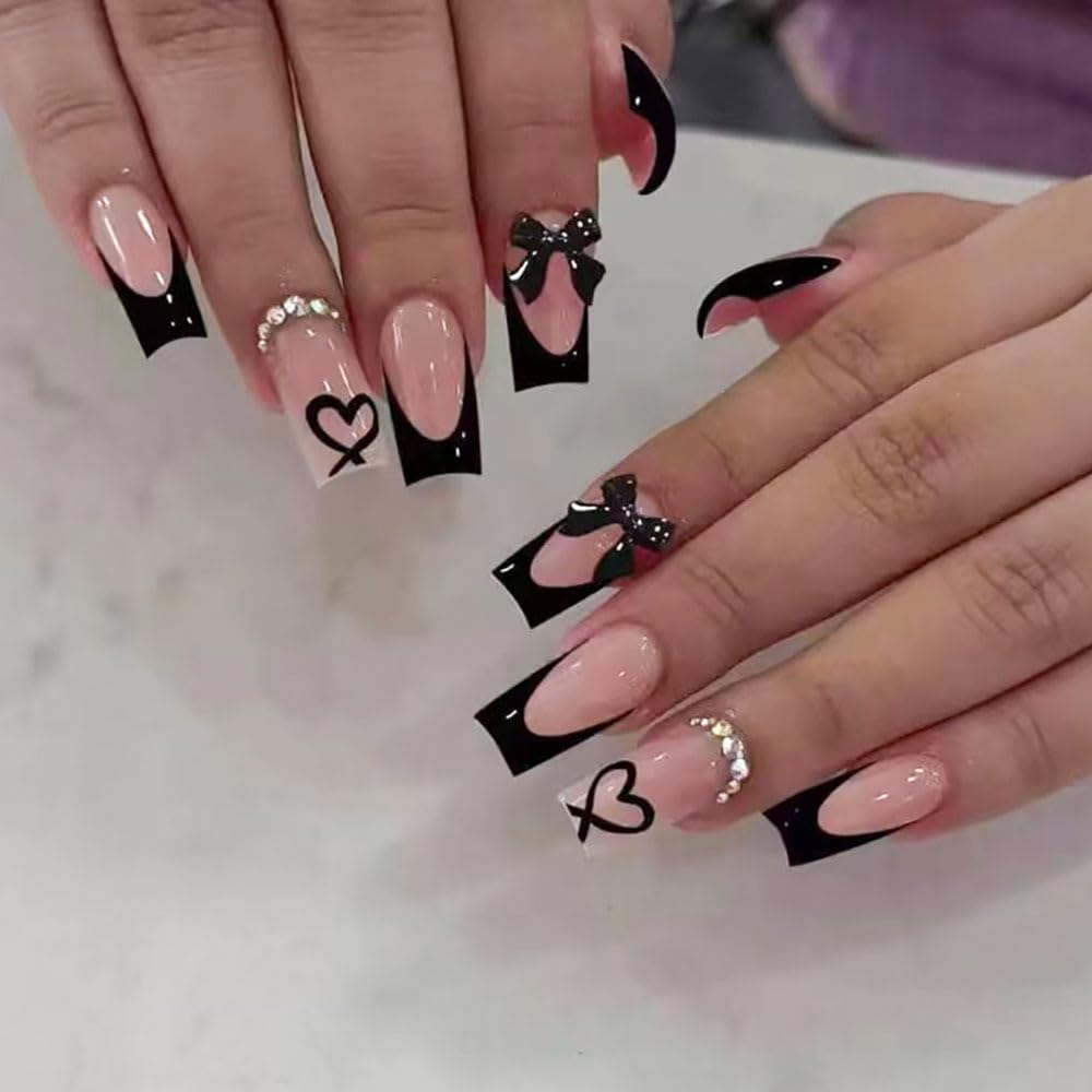 White French Tips Press on Nails, Irregular Gold 3D Lines with Flower & Pearl Design, Reusable Salon Quality Acrylic False Nails for Women, Glue On Nails with Adhesive Tabs for Daily Wear