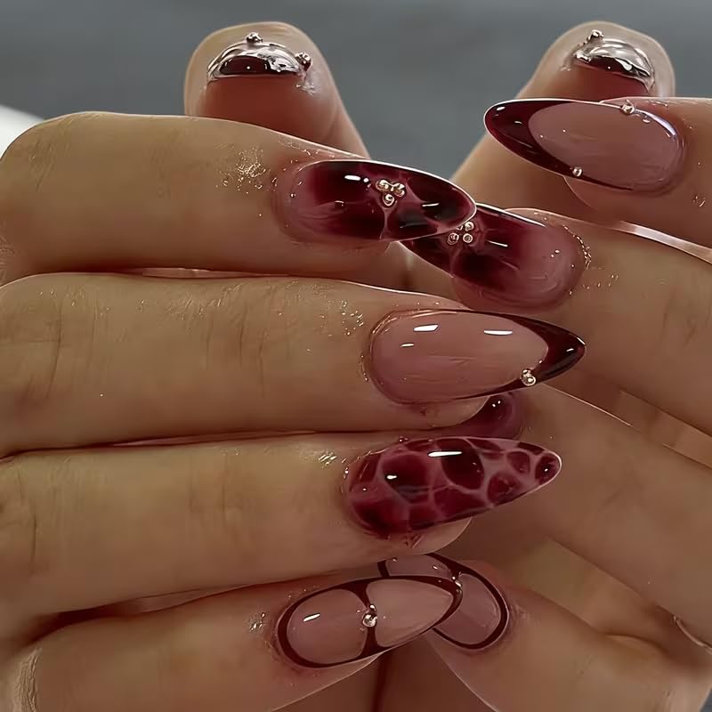 Minimal Luxury Gold Wave Press On Nails Medium Almond, PUNSOKO Nude Pink Fake Nails with 3D Gold Chrome French Tips, Long Lasting Reusable 24 PCS Acrylic Nails Kit for Women Daily Wear