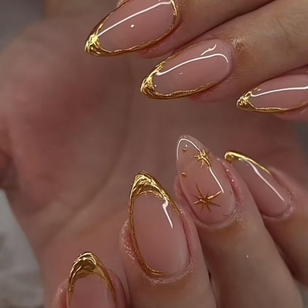 Press On Nails Almond Fake Nails French Tip False Nails Press ons Medium Glue on Nails with Chrome Design for Women Stick on Nail 24Pcs