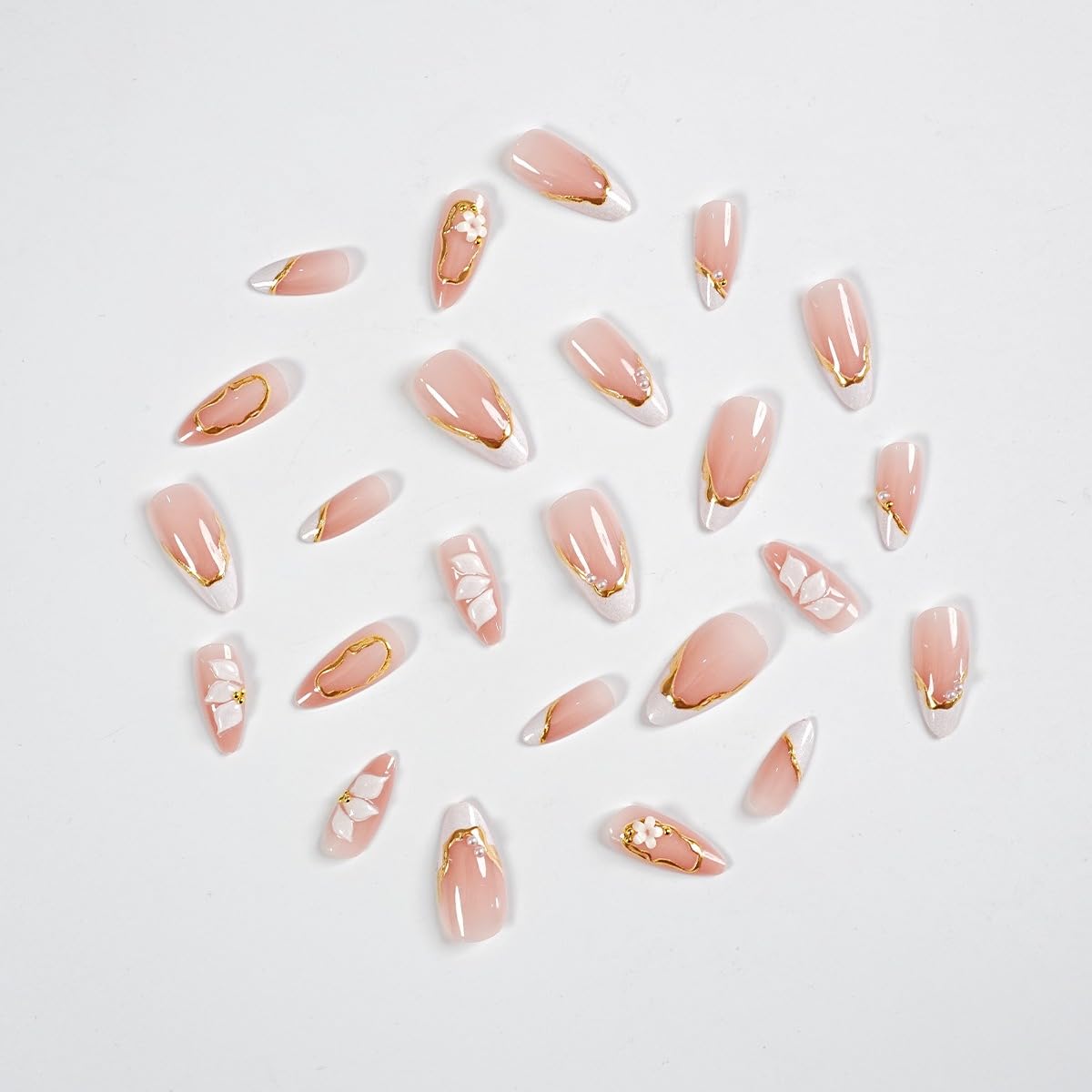 Almond Press on Nails Medium, Handmade White French Tip 3D Nude Fake Nails with Pearl Flower Leaf, Reusable Acrylic Stick On Nails for Women Wedding Bridal Party 24Pcs