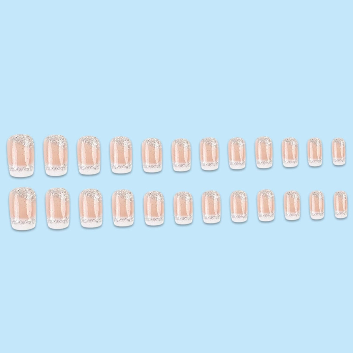 24Pcs White French Tip Press on Nails Square Medium Length Fake Nails White Ombre with Silver Glitter Designs Natural Glossy Artificial Acrylic Glue on Nails for Women Manicure Decoration