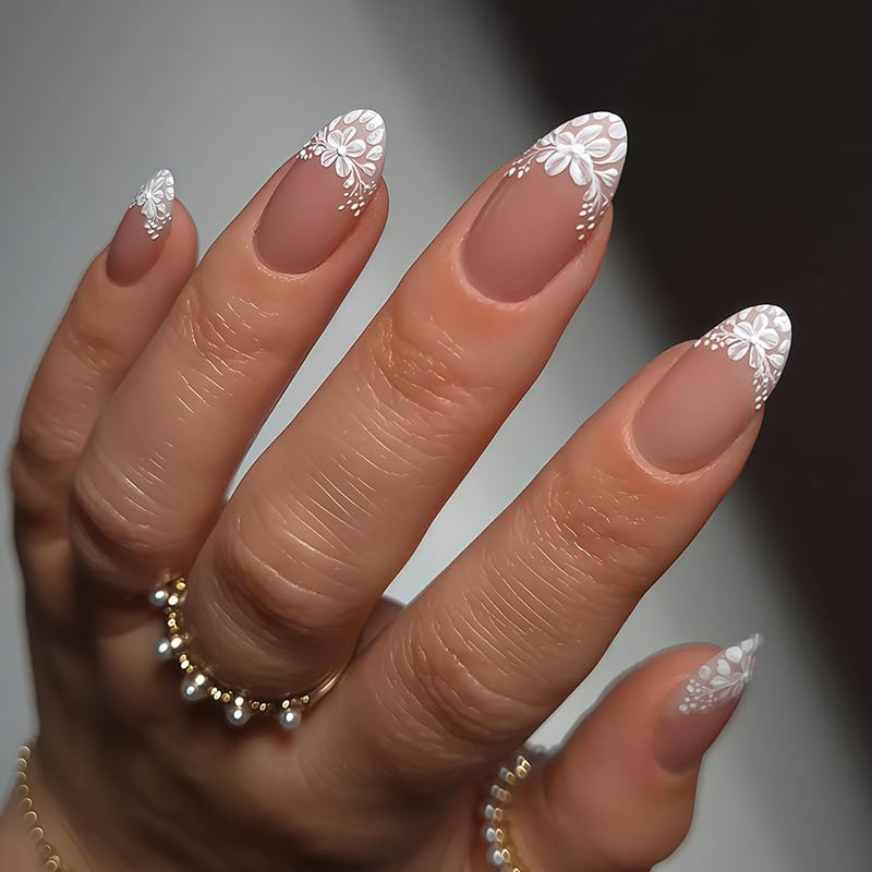 White Flower Press on Nails French Tip Fake Nails Medium Almond False Nails Glossy Artificial Stick on Nails Full Cover Acrylic Nails for Women Manicure 24Pcs